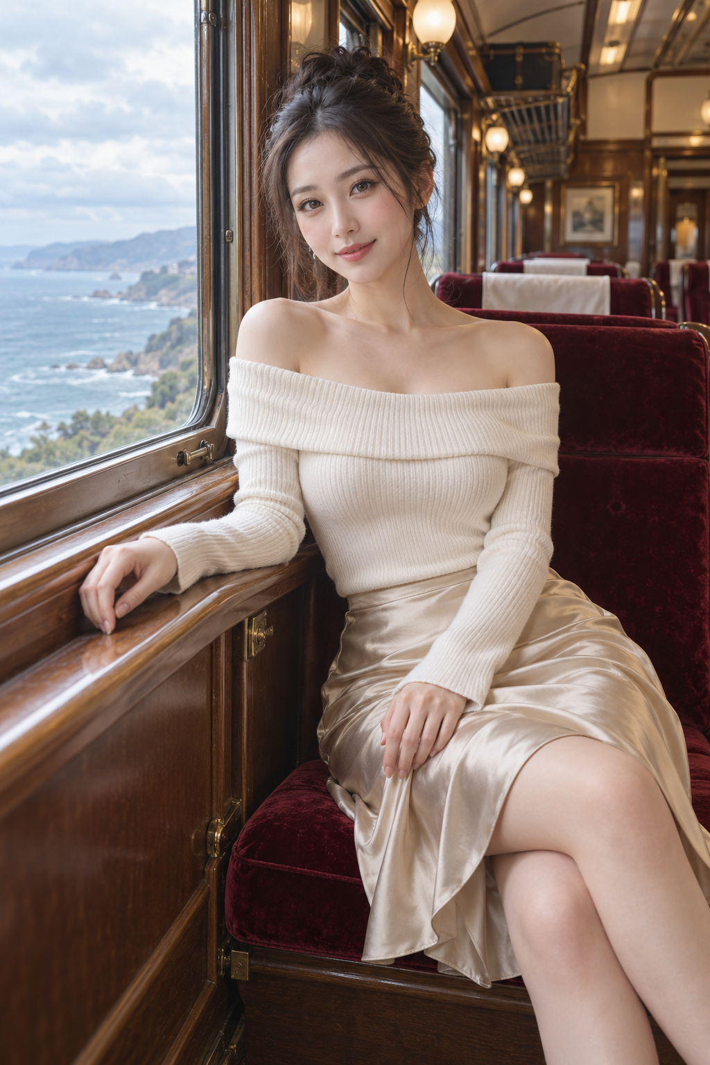 AI 生成的虛構成年東亞女性盤著黑色高髮髻，穿奶油白露肩針織上衣與香檳杏色緞面裙，側坐復古列車酒紅座椅，窗外海岸映著柔和日光