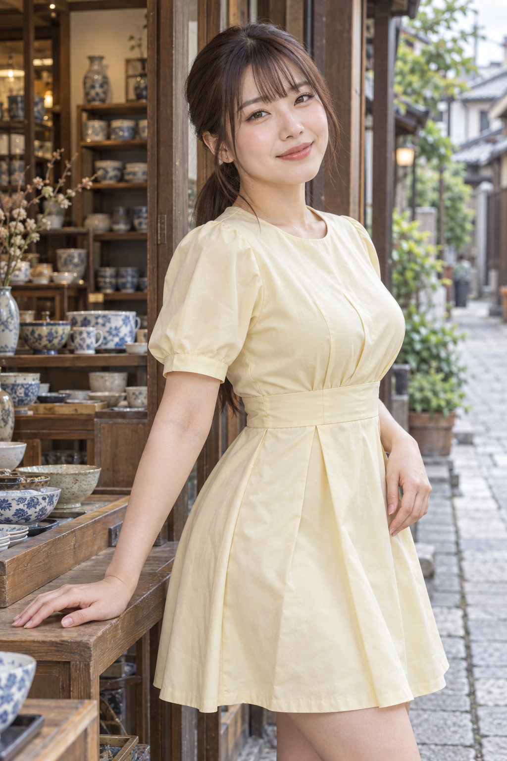 AI 生成的成年虛構東亞女性綁著栗色低馬尾與薄瀏海，穿不透明奶油黃棉緞洋裝，在陶器店木檯旁輕搭手掌，藍白陶碗與安靜小巷映著柔和日光