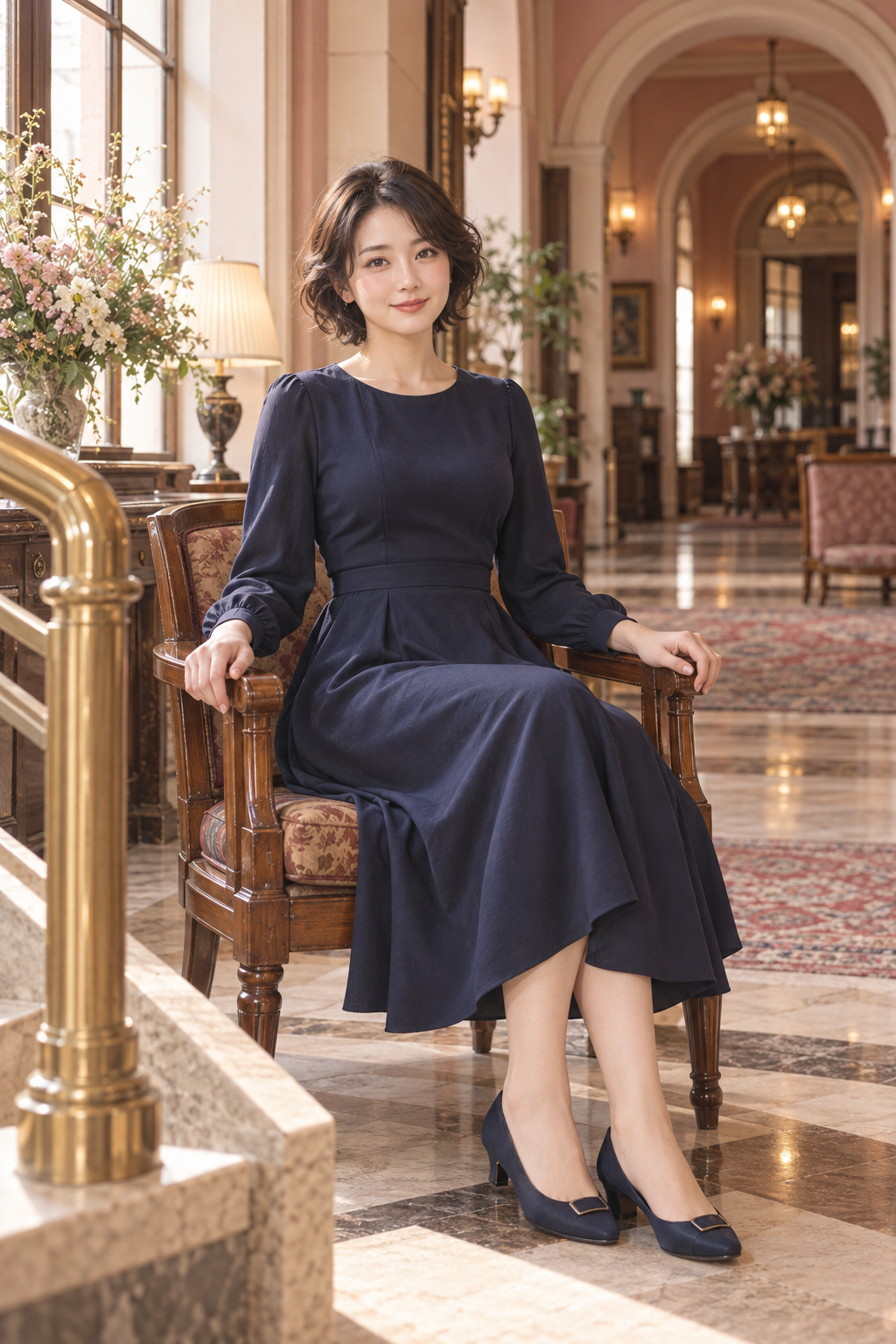 AI生成的成年虛構東亞女性留著黑茶色短捲髮，穿午夜藍長袖洋裝坐在復古旅館木椅上，雙手自然搭著扶手，左側窗光照亮臉龐，後方桃米色拱門延伸出大廳層次。