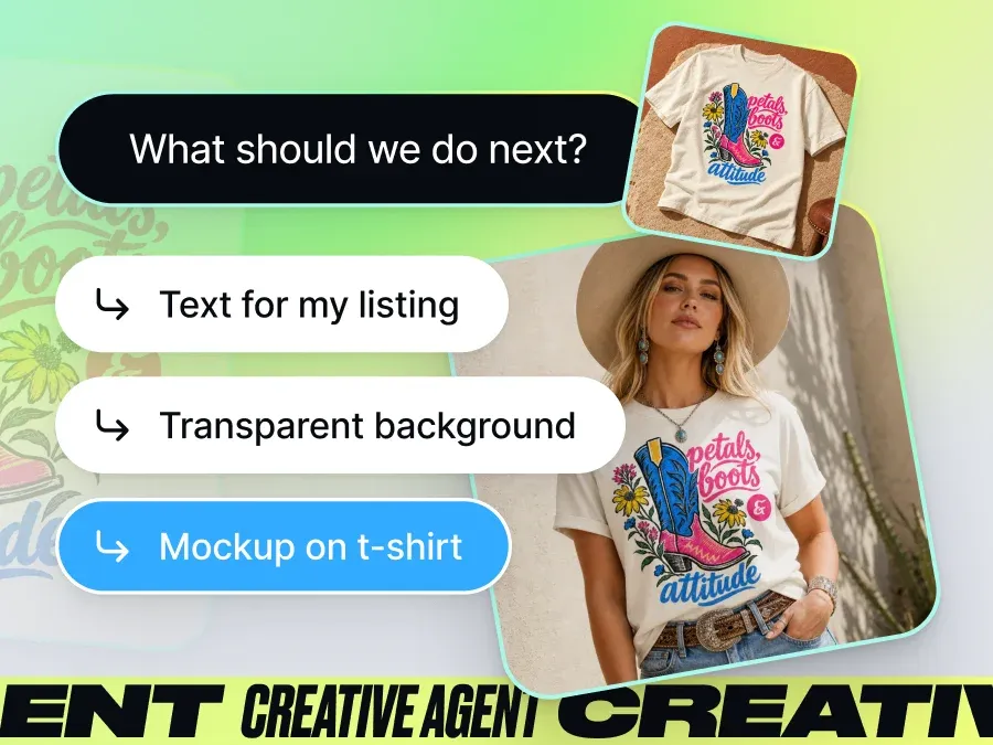 來源：Kittl Creative Agent 功能頁。官方以 T 恤圖案展示延伸文案、透明背景與穿著樣機等後續選項；屬宣傳示意與 AI 創作展示，不能視為實際操作介面或本站實測成果。